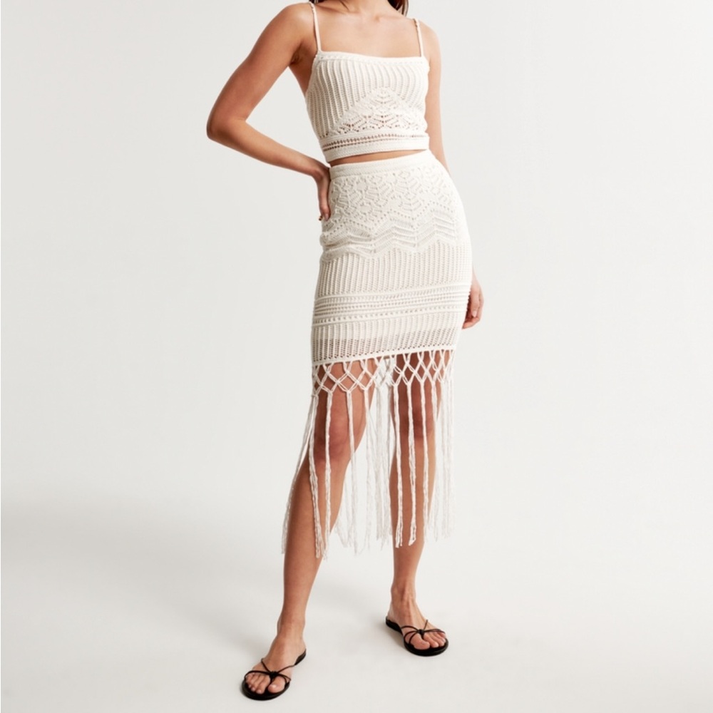 Abercrombie & Fitch Cream Fringe Knit Midi Skirt